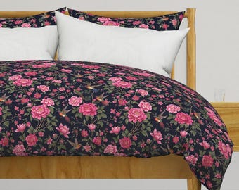 Navy Blue Floral Chinoiserie Bedding - Vintage Colorful Bird & Flower Printed Duvet Cover OR Pillow Shams