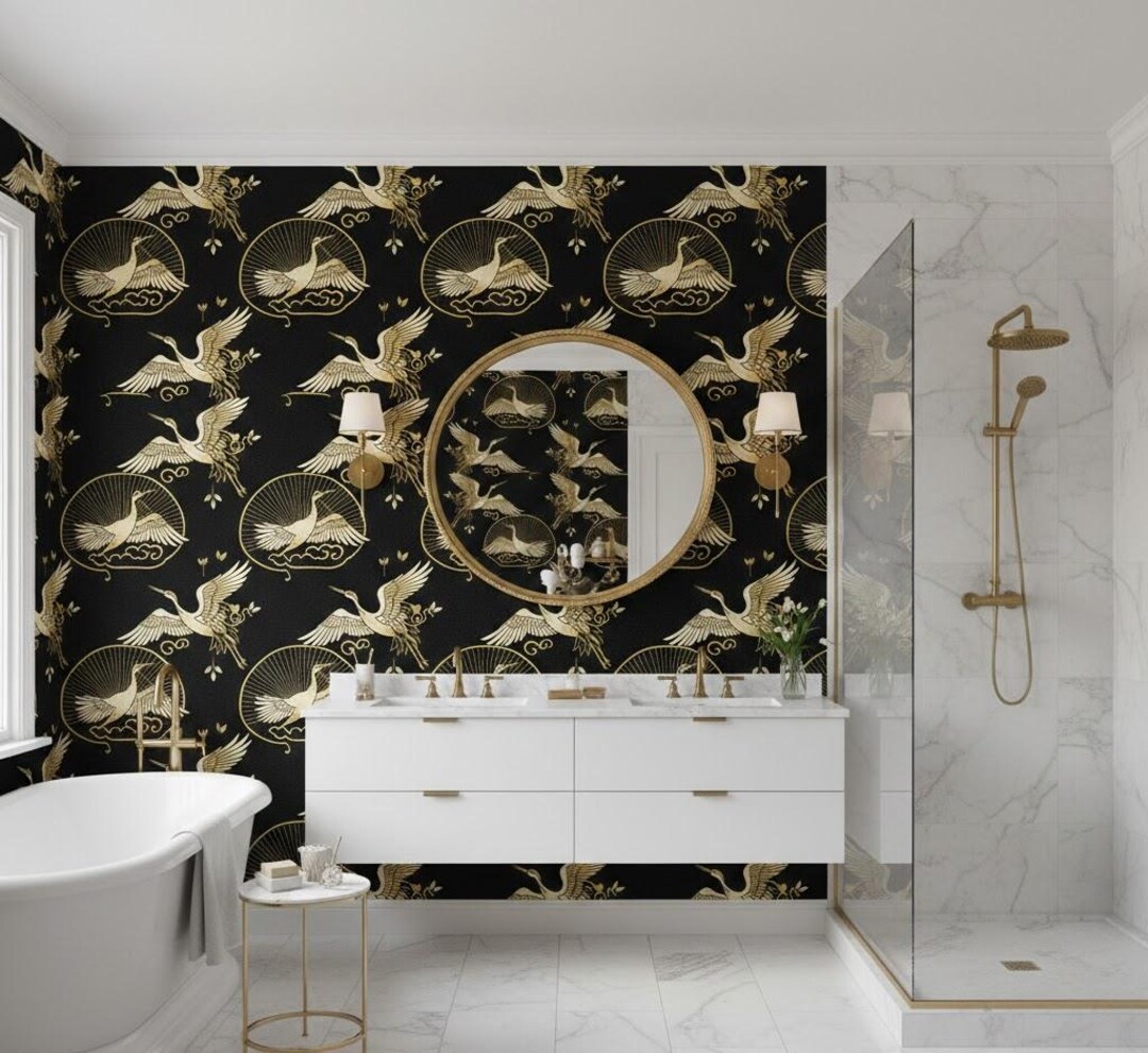 Black Wallpaper - Art Deco Cranes - Birds Deco Designer Cranes Art Deco ...