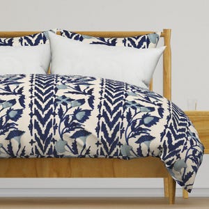Folk Floral Stripe Bedding - Floral Stripes Blue - Large Scale Blue Tan Printed Duvet Cover OR Pillow Shams
