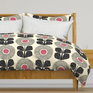 Mid Century Modern Bedding - Sunflowers - Retro Floral Large Scale Neutral Cream Printed Duvet Cover OR Pillow Shams