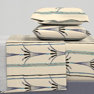 Danube Stripe Blue Sheets - Cattails In Varying Shades - Off-White Backdrop Evokes Printed Cotton Sateen Sheet Set Bedding