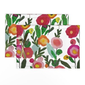 Bold Botanical Placemats (Set of 2) - White Wildflowers - Meadow Blue Cream Orange Bright Colors Wildflower Printed Cloth Placemats