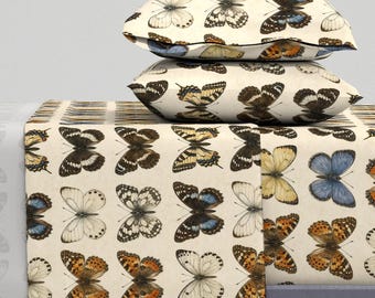 Sábanas vintage con estampado de mariposas - Juego de sábanas de algodón con estampado retro de mariposas e insectos.