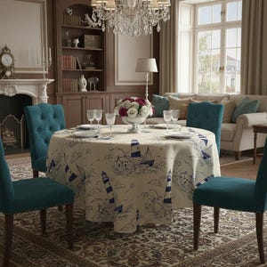 Op de afbeelding: Een eethoek met een ronde tafel bedekt met een nautisch thema tafelkleed. Het crèmekleurige tafelkleed heeft blauwe illustraties van vuurtorens en zeilboten. Turquoise gestoffeerde stoelen omringen de tafel. Een kroonluchter hangt erboven.