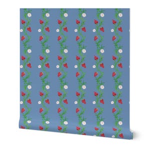 Strawberry Fields Wallpaper - Strawberry Stripes - Blue Red Fruit Fields Printed Wallpaper, Pre Pasted Wallpaper