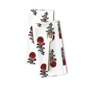 Red Poppy Dinner Napkins (Set of 2) - Block Print Floral - Red Indian Block Printed Poppy Flower Printed Cloth Napkins