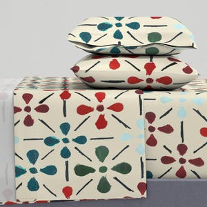 Mid Century Multicolor Floral Sheets - Multicolor Flowers - Retro Floral Cream Printed Cotton Sateen Sheet Set Bedding