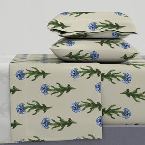 Dandelion Sheets - Stylised Stems Of Dandelions With Swaying Leaves Printed Cotton Sateen Sheet Set Bedding