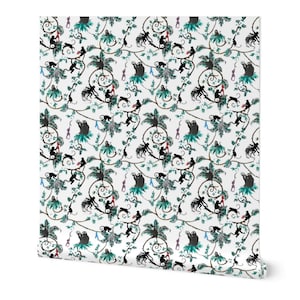 Puede incluir: Papel pintado blanco con un patrón repetitivo de monos negros, palmeras y enredaderas. El diseño incluye toques de color turquesa y otros colores, creando un tema de jungla. El papel pintado está enrollado, mostrando la repetición del patrón.