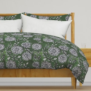 Green Indian Floral Bedding  - Block Print Floral - Green-White Floral Indian Block Printed Duvet Cover OR Pillow Shams