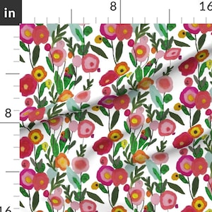 Bold Botanical Fabric - White Wildflowers - Meadow Blue Cream Orange Bright Colors Wildflower Fabric By The Yard