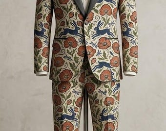 Blokprint konijntjes bedrukte herenblazer set, herenblazer set – aangepaste handgemaakte blazer voor moeiteloze elegantie