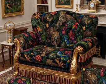 Leopard and Tropical Floral Upholstery Fabric - Dark Exotic Printed Upholstery Fabric By The Yard