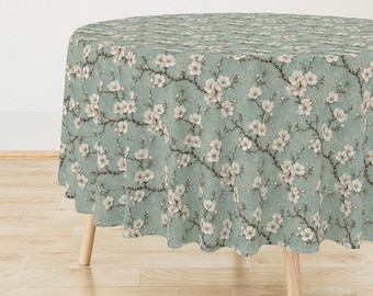 Chinoiserie Blumentischdecke - Weiße Blüten auf Aqua Hintergrund Elegante bedruckte Tischdecke