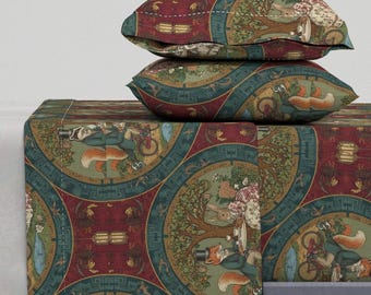 Animals in Victorian-Era Sheets - Victorian Forest Animals Printed Cotton Sheet Set Bedding