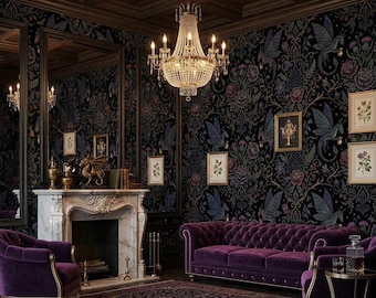 May include: A luxurious living room with a crystal chandelier, ornate fireplace, and dark floral wallpaper. The room features a tufted purple sofa, matching armchairs, and a patterned rug, creating an elegant and sophisticated atmosphere.