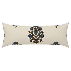 Teardrop Floral XL Lumbar Pillow Cover - Autumnal Floral - Blue Flower Block Printed Extra Large Rectangle Lumbar Pillow Cover