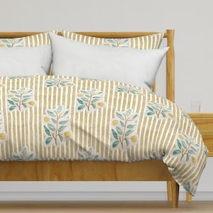 Olive Yellow Bedding - Foliage Stripes - Hand Painted Fruit And Foliage Printed Duvet Cover OR Pillow Shams