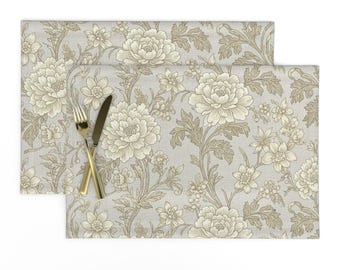 Elegant Floral Placemats (Set of 2) - Vintage Inspired Neutral Printed Cloth Placemats