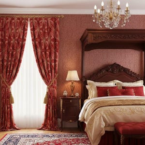 Puede incluir: Dormitorio con cama con dosel, cortinas rojas estampadas y lámpara de araña. La cama tiene un cabecero de madera oscura y un banco rojo. También se ve una mesita de noche con una lámpara.