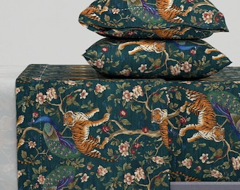 Tiger Chinoiserie Sheets - Tiger & Peacock - Bengal Tiger Peacock Asian Inspired Printed Cotton Sheet Set Bedding