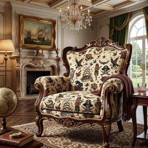 May include: An elaborately carved armchair with a cream fabric patterned with tattoo-style illustrations of ships, eagles, and pirates. The dark wood frame has gold detailing. A maroon throw is draped over the arm.