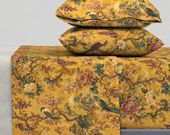 Chinoiserie Mustrad Bird Sheets - Luxury Bird Printed Cotton Sheet Set Bedding