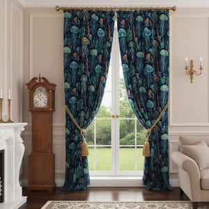 May include: Dark blue curtains with a repeating pattern of jellyfish in teal, orange, and green. The curtains are tied back with gold rope and tassels. The curtains are hanging in front of a window.