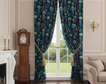 Cortina de medusas azules - Vida oceánica - Panel de cortina personalizado con estampado de algas costeras y vida oceánica bajo el mar