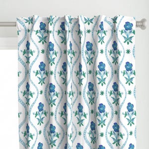 Sweet Green-Blue Floral Curtain Panel - Floral Stripe Green And Blue - Antique Stripe Pink White Printed Custom Curtain Panel