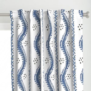 Watercolor Blue Stripe Curtain Panel - Botanical Stripe - Regency Cottagecore Soft Blue Printed Custom Curtain Panel