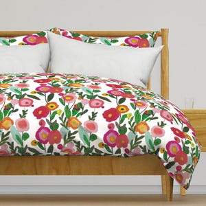 Bold Botanical Bedding - White Wildflowers - Meadow Blue Cream Orange Bright Colors Wildflower Printed Duvet Cover OR Pillow Shams