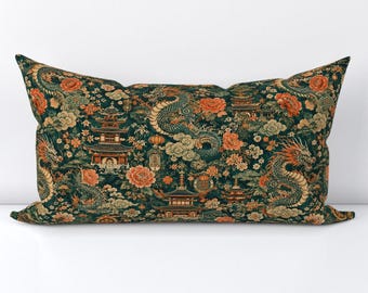 Japanese Dragon Accent Pillow Cover - Folklore Maximalist Printed Rectangle Lumbar Throw Pillow Cover