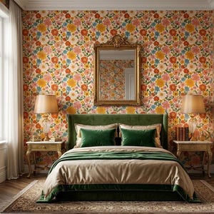 May include: A bedroom with floral wallpaper. The room features a green velvet headboard, matching pillows, and a bedspread with a green velvet trim. Two bedside tables with lamps flank the bed, and a gold-framed mirror hangs on the wall.