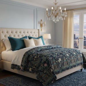 Op de afbeelding: Een beige gestoffeerd bed met een gecapitonneerd hoofdbord is versierd met teal en crèmekleurige kussens. Een marineblauwe en groene quilt met patroon bedekt het bed. Een kristallen kroonluchter hangt erboven.