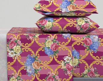 Rococo Pattern Sheets - Pink Rococo Romance - French Roses Printed Cotton Sheet Set Bedding