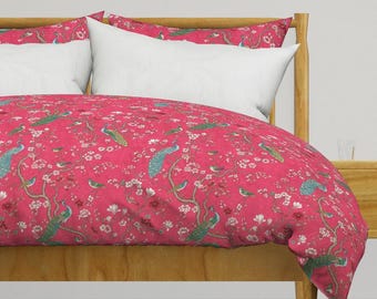 Dark Pink Chinoiserie Bedding - Vintage Oriental Chinoiserie Peacock Birds Printed Duvet Cover OR Pillow Shams
