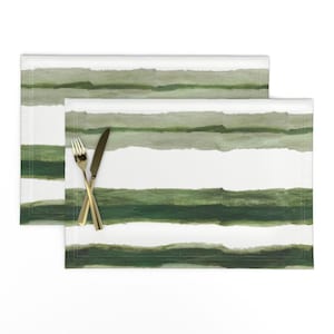 Olive Stripe Placemats (Set of 2) - Shibori Stripes - Olive Hand Drawn Stripes Printed Cloth Placemats
