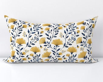 Golden Wildflower Accent Pillow Cover - Victorian Floral Yellow Botanical Printed Rectangle Lumbar Throw Pillow Cover