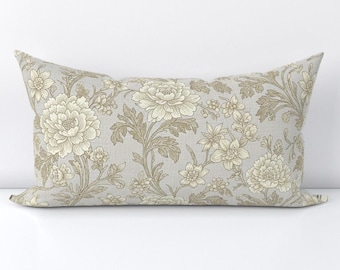 Elegant Floral Accent Pillow Cover - Vintage Inspired Neutral Nature Printed Rectangle Lumbar Throw Pillow Cover