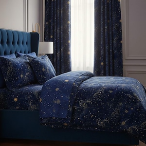 Gold & Navy Celestial Bedding - Starry Galaxy Printed Bedding Set, Bed Sheet, Bed In A Bag, Comforter