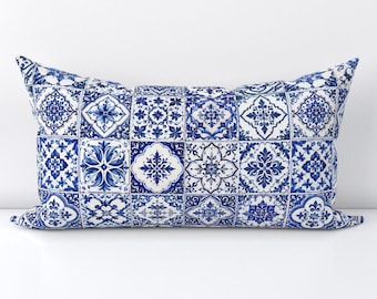 Mediterranean Tile Accent Pillow Cover - Blue White Floral Moroccan Summer Printed Rectangle Lumbar Throw Pillow Cover