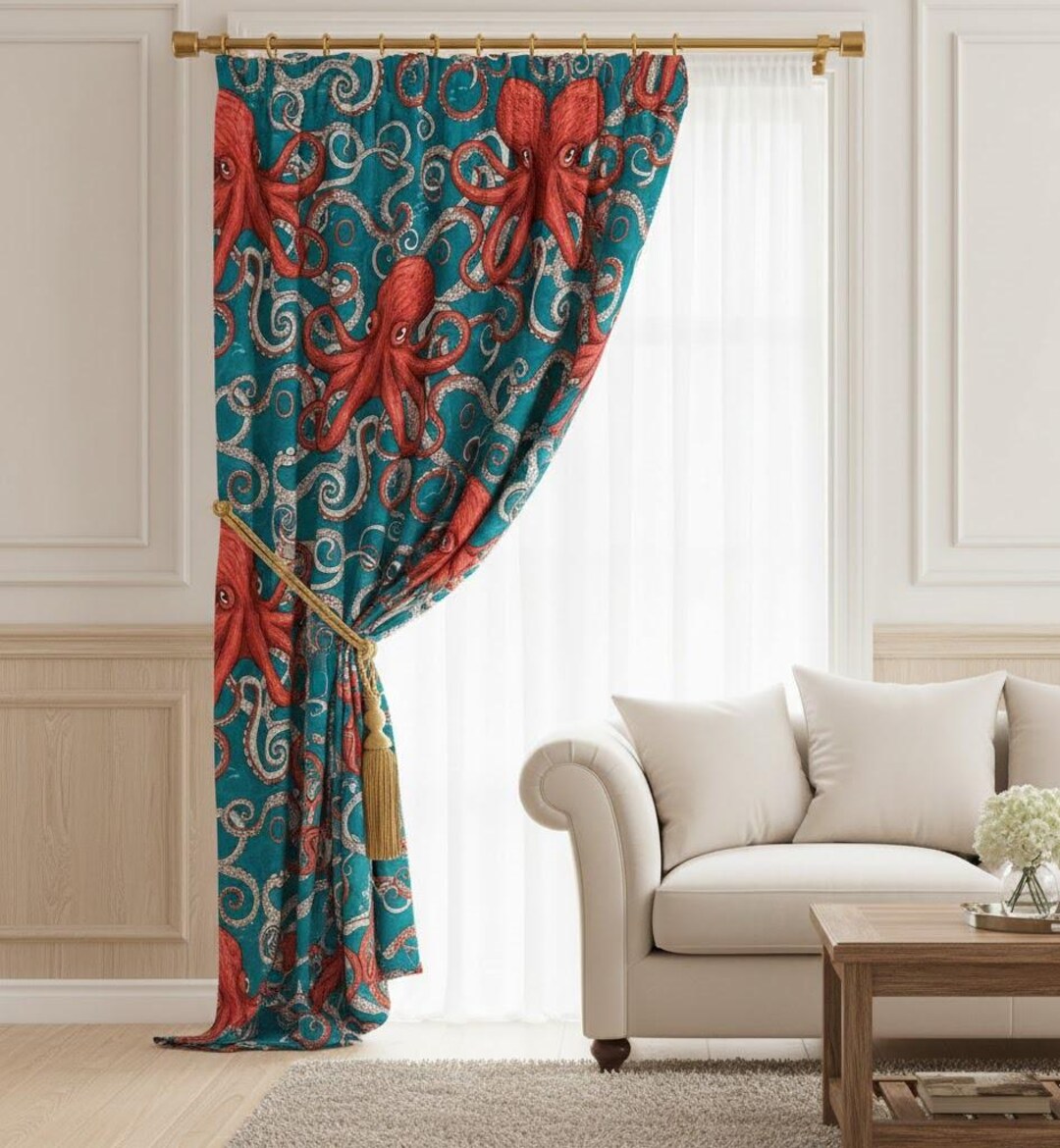 Whimsical Octopus Curtain Panel - Red Octopus - Ocean Under the Sea ...