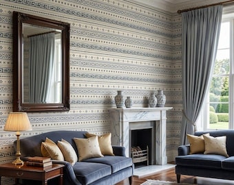 Papel pintado de rayas bohemias - Rayas estilo granja en azul y beige con estampado, removible y autoadhesivo.