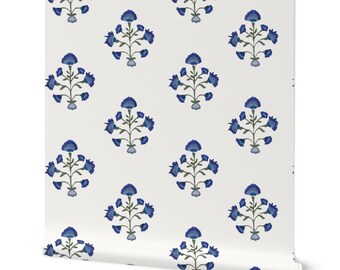 Blue Floral Wallpaper - Mughal Blue - Indian Traditional Blue Flower Block Printed Wallpaper, Peel And Stick Wallpaper