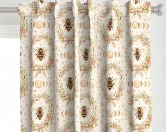 Cottagecore Bees Floral Garden Curtain - Wreath Bows Moon Phase Farmhouse Nature Baby Printed Custom Curtain Panel