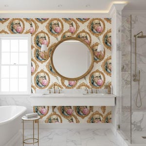 May include: A bathroom featuring a white bathtub, sink, and marble tiling. The wallpaper displays a repeating pattern of Benjamin Franklin portraits blowing bubble gum, framed in gold. A round gold mirror hangs above the sink.