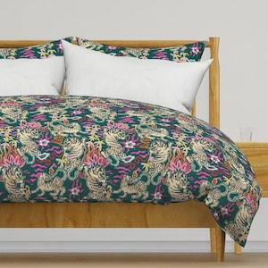 Bright Flaming Tigers Bedding - Dark Teal - Jumbo Scale Chinoiserie Printed Duvet Cover OR Pillow Shams