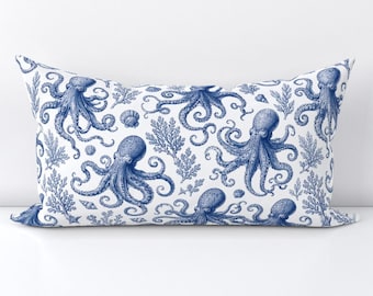 Vintage Octopus Accent Pillow Cover - Navy Octopus Printed Rectangle Lumbar Throw Pillow Cover