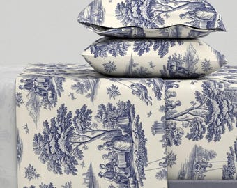 Toile De Jouy Sheets - Navy Blue Graden Party Toile Printed Cotton Sheet Set Bedding